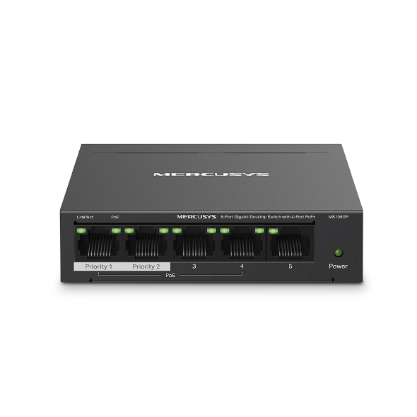 MS105GP_overview_01_normal20230116023021 MERCUSYS 5-PORT GIGABIT DESKTOP SWITCH WITH 4-PORT POE+ MS105GP – Image 1